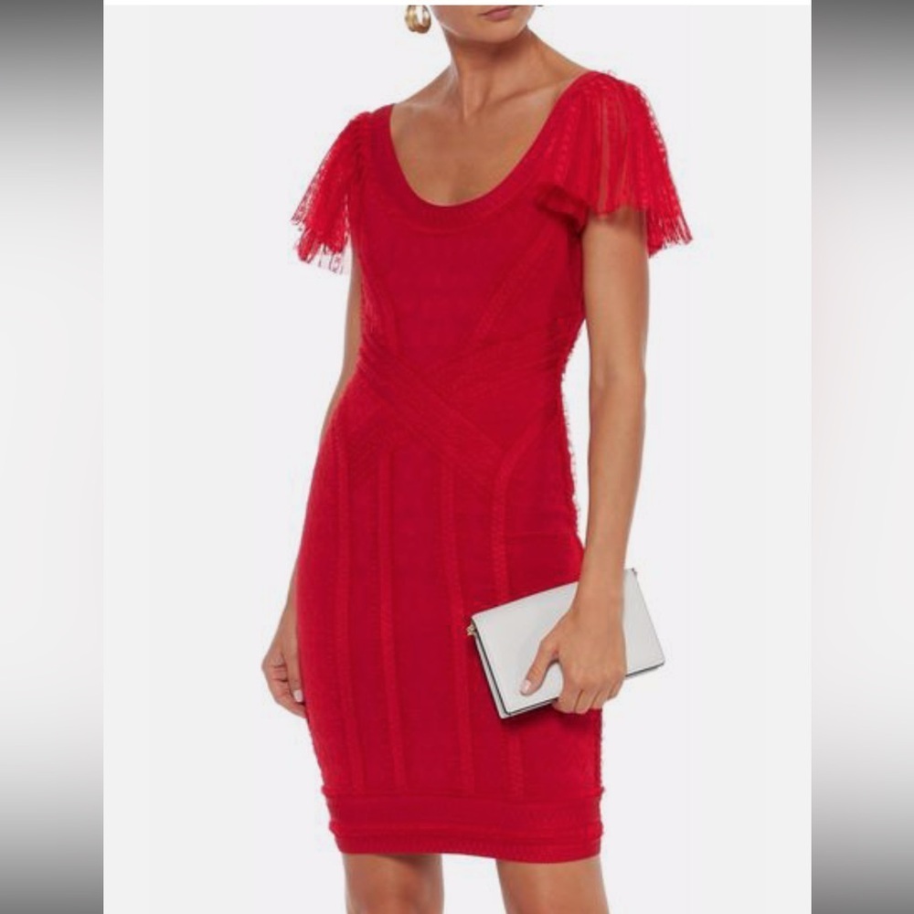 NWOT Herve Leger Evening Red Tulle Trimmed Cloqué Bandage Mini Cocktail Dress M